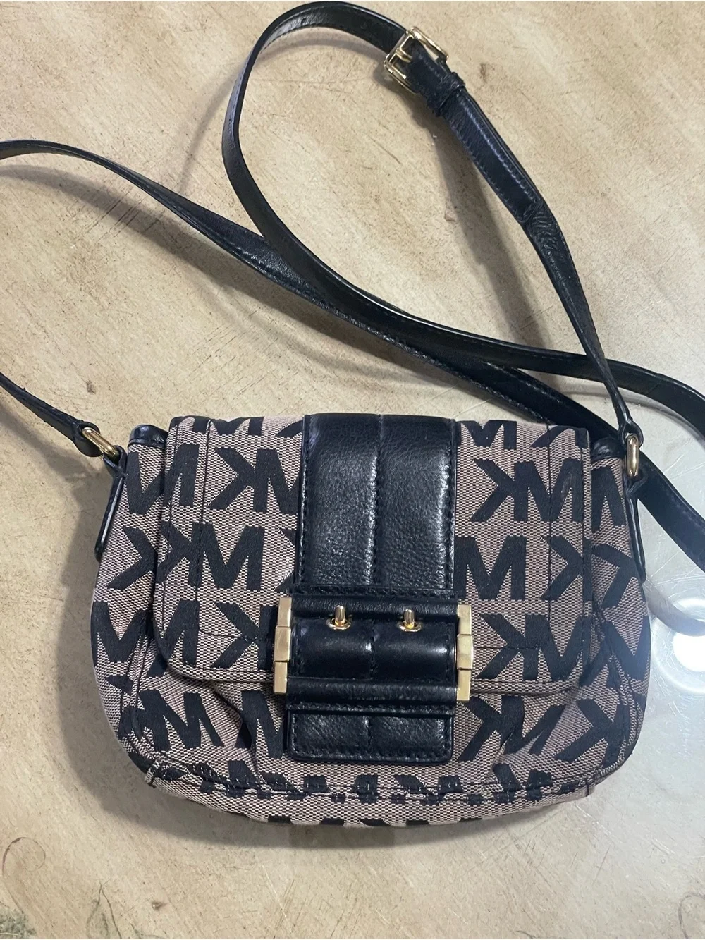 Michael Kors Black and Brown Logo Canvas Crossbody Bag